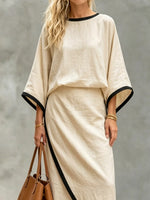 Women's Casual 3/4 Sleeve Top And Skirt Cotton And Linen Two-piece Set