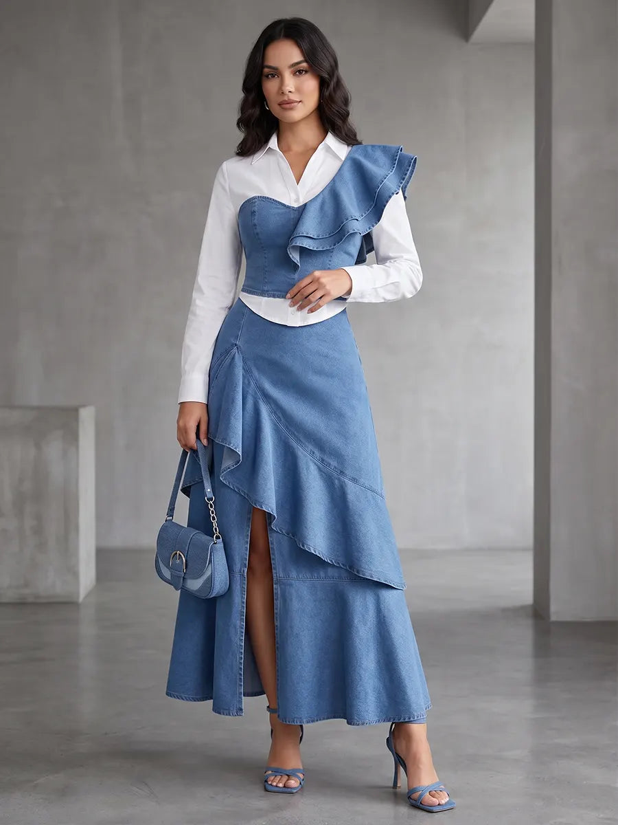 Avant-Garde Tencel Denim Ruffled Set