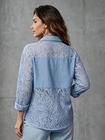 Romantic Lace-Spliced Chambray Denim Blouse