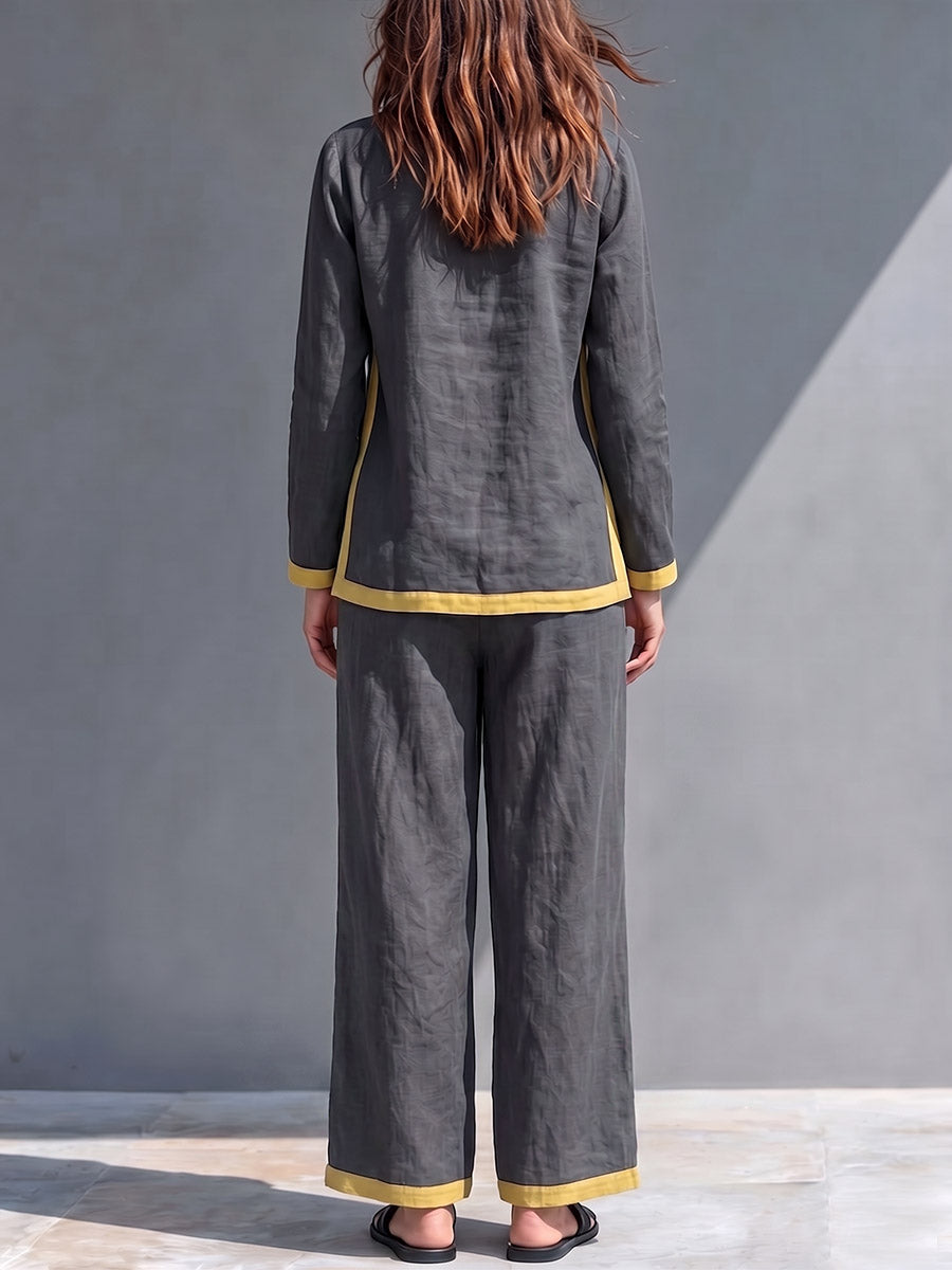 Women's Casual Loose Cotton-linen Set: Long-sleeve Crew-neck Top And High-waisted Wide-leg Pants