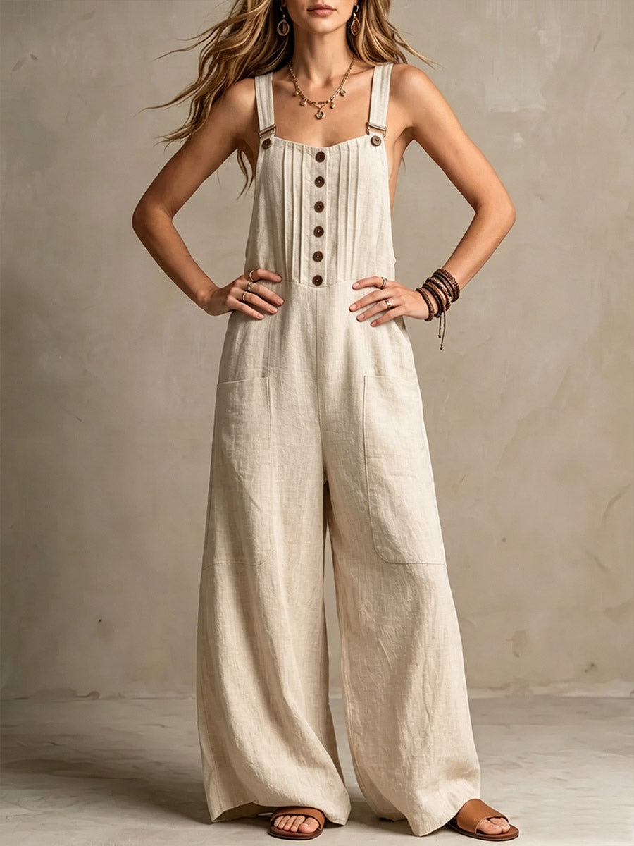 Women's Solid Color Square-neck Sleeveless Casual Loose Wide-leg Jumpsuit