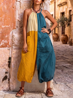Summer Casual Linen Cotton Color-block Halter Jumpsuit