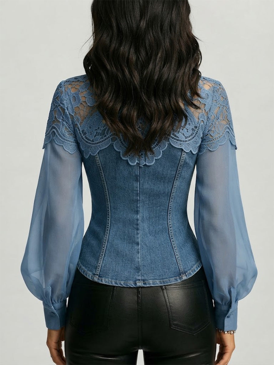 Collared Denim Shirt Featuring Metal Buttons, Wavy Lace Paneling, And Long Puff Sleeves In Chiffon