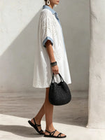 Women Floral Eyelet Embroidery Contrast Polka Dot Collar Short Sleeve Shirt Mini Dress