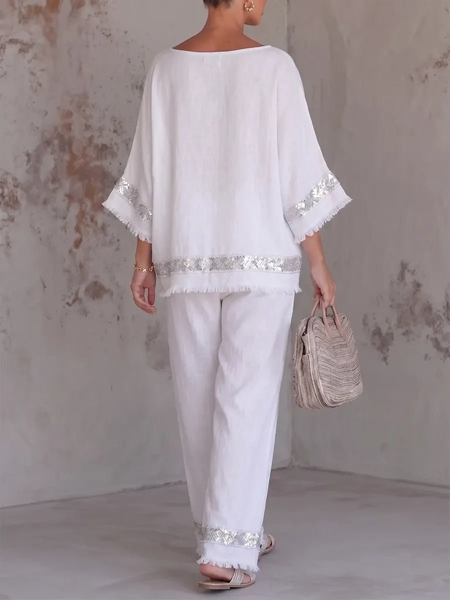 Shimmering Metallic Trim Linen Fringed Tunic & Wide-Leg Pants