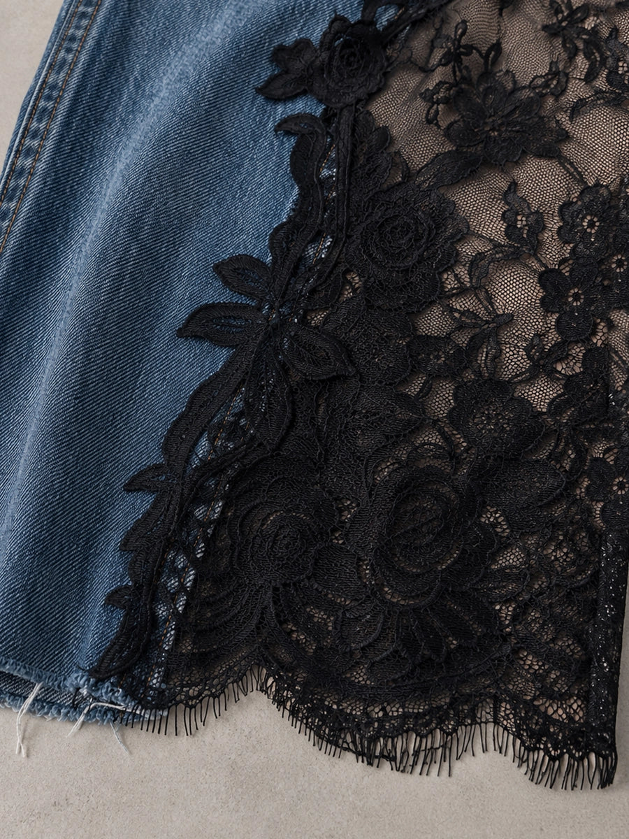 Elegant Lace Panel Wide Leg Denim Jeans For Women – High Waist Premium Vintage Wash Jeans