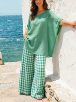 Womens Textured Cotton Linen Top & Gingham Wide Leg Pants Two Piece Set