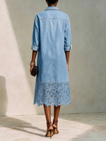 Straight-cut Dress Featuring A Denim-style Collar, Full-length Button-down Front, Patch Pockets, And Intricate, Heavy-work Floral Cut-out Lace Detailing