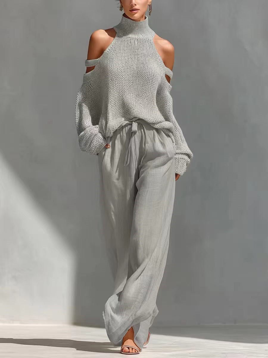 Women's Casual Knit Stylish Top And Wide Leg Pants Two-piece Set