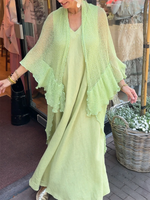 Boho Green Melody Scalloped-edge Cardigan And Cotton-linen Dress Set