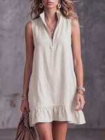 Women's Solid-color Stand-collar Sleeveless Casual Loose Cotton-linen Dress