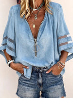 Chic Zip-Front V-Neck Denim-Style Blouse