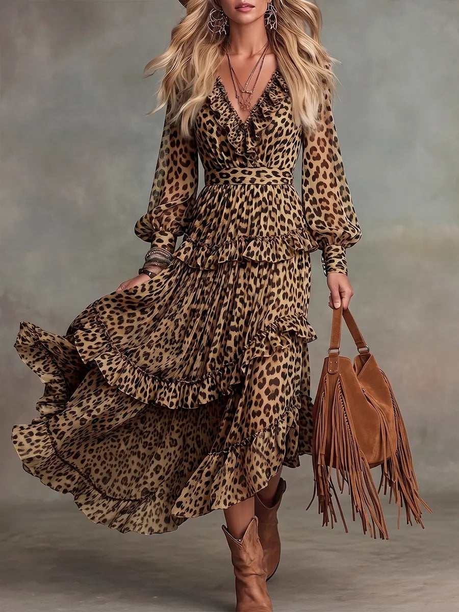 Bohemian Chiffon Leopard Print Ruffled Tiered Maxi Dress