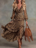 Bohemian Chiffon Leopard Print Ruffled Tiered Maxi Dress
