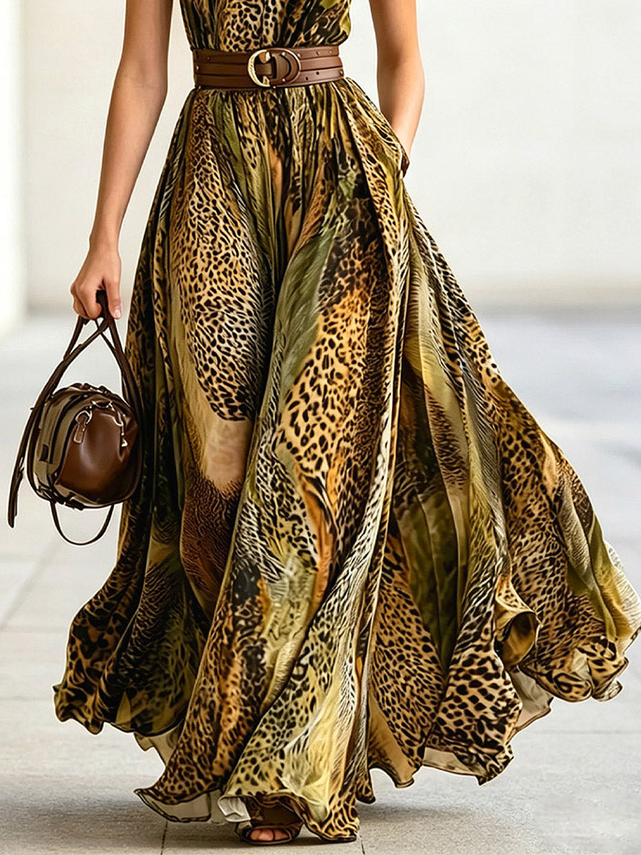 Women's Leopard Pattern Print Chic Art Casual Stylish Halter Maxi Dress