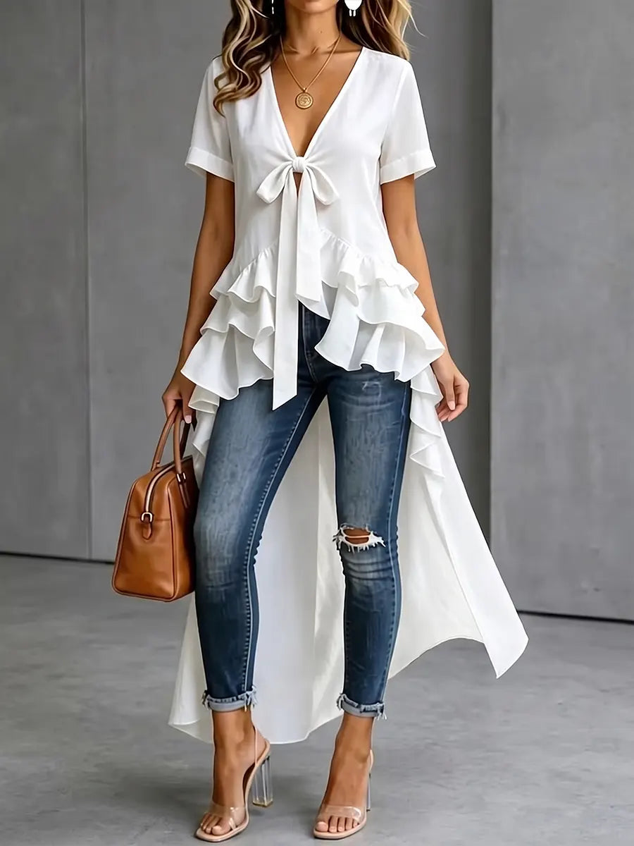 Elegant Tie-Front Ruffled High-Low Blouse