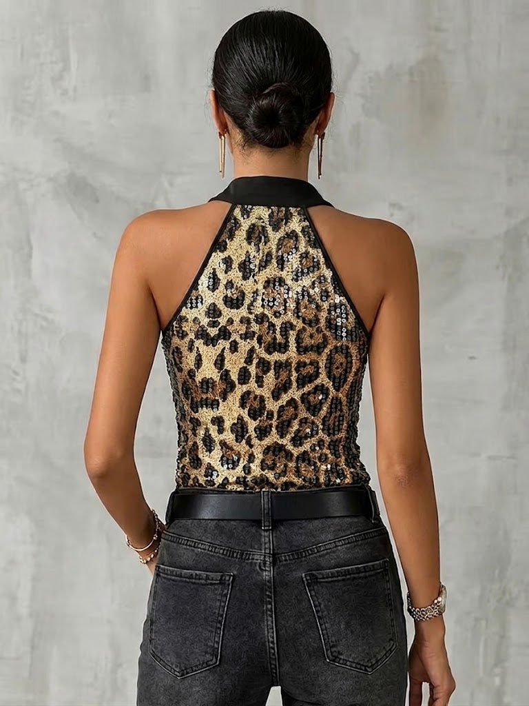 Stylish Sleeveless Knit Top With Sequins And Leopard Print