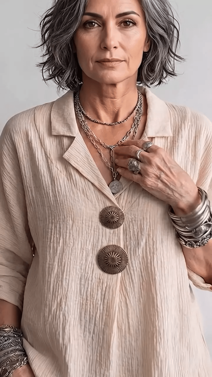 Women's Textured Pleated Linen Shirt With Turn-down Collar And Metal Buttons, Loose-fitting Casual Top