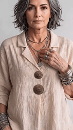 Women's Textured Pleated Linen Shirt With Turn-down Collar And Metal Buttons, Loose-fitting Casual Top