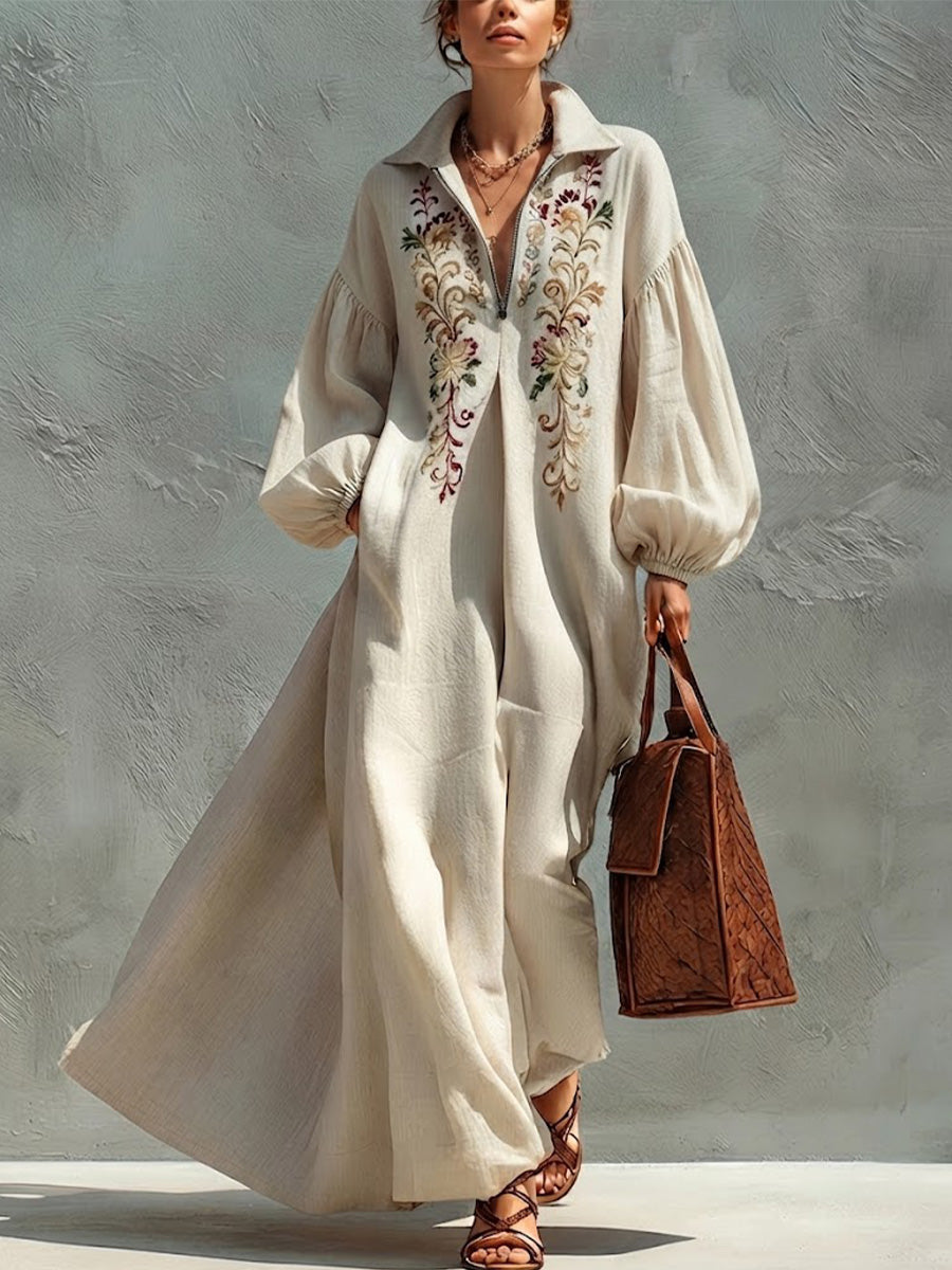 Bohemian-style Solid-color Linen Dress Featuring A Lapel, Button-front, Floral Print, Puff Sleeves, And A Voluminous Skirt