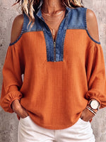 Cozy Casual Denim-paneled Waffle Knit Top