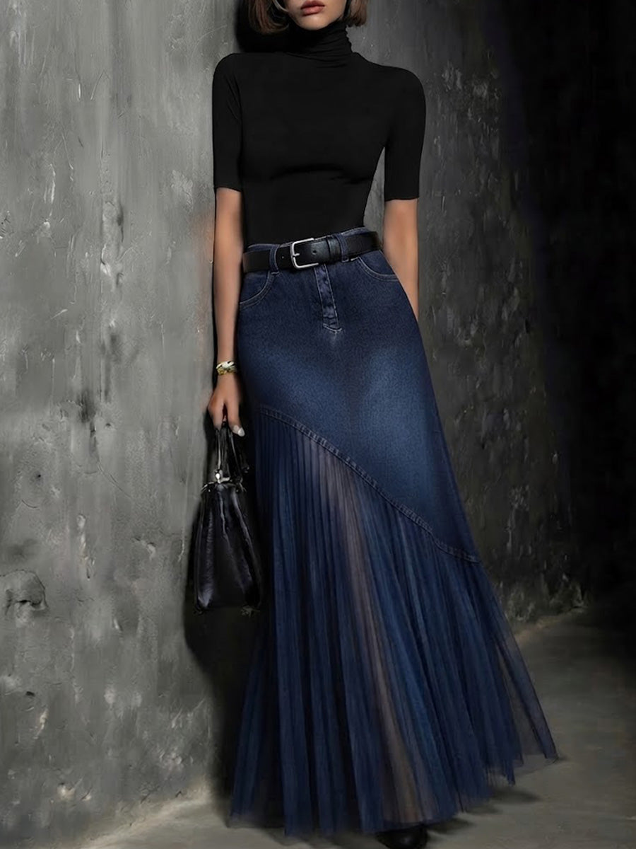 High Waist Diagonal Splice Denim Tulle Pleated Maxi Skirt