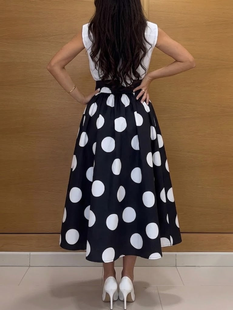 Retro Elegant Cotton Sleeveless Shirt And Polka-dot A-line Skirt Two-piece Set