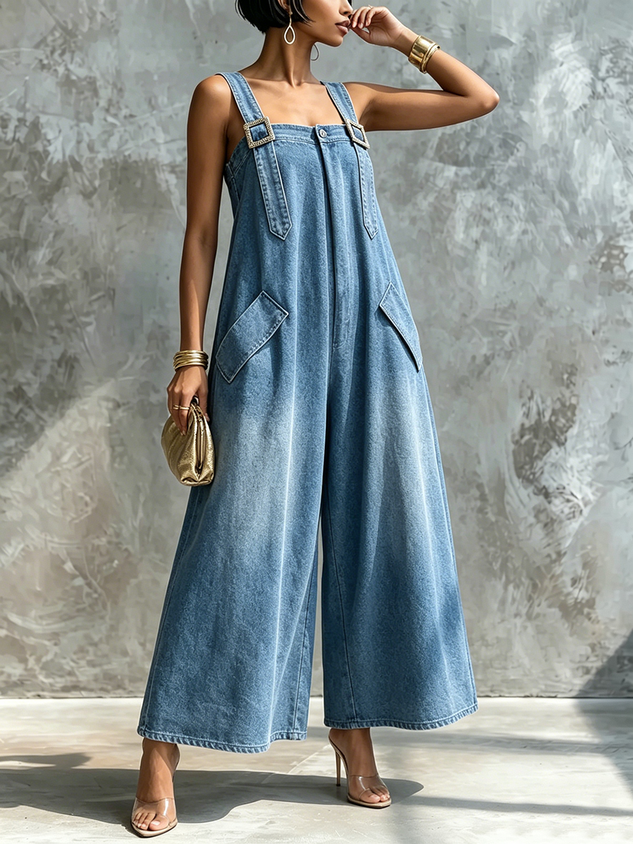 Relaxed Artfully Tailored Lightweight Denim Jumpsuit.