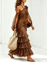 Women's Lantern Sleeve Top & Tiered Ruffle Leopard Dress Set