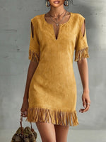 V-neck, Off-shoulder, Short-sleeve, Loose-fit Midi Dress In Faux Suede With Fringe Detailing—perfect For A Vacation Look