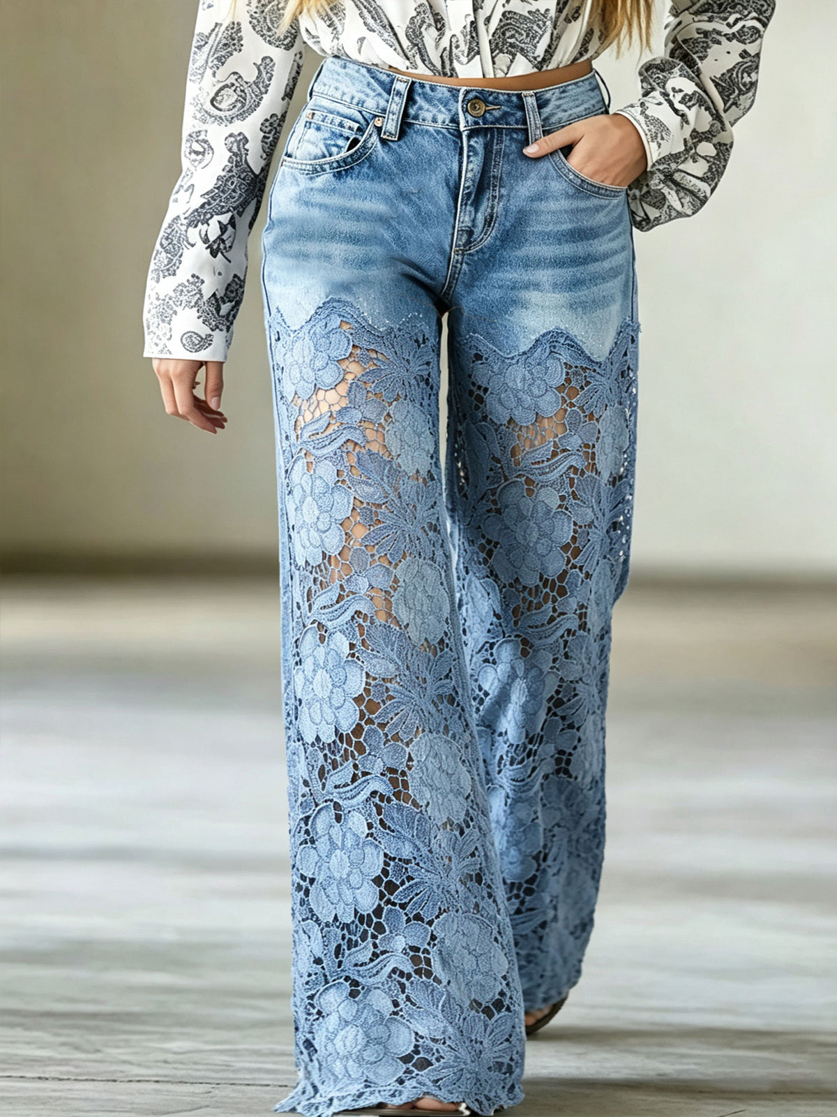 Womens High Waist Floral Lace Spliced Wide Leg Denim Jeans