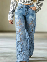 Womens High Waist Floral Lace Spliced Wide Leg Denim Jeans