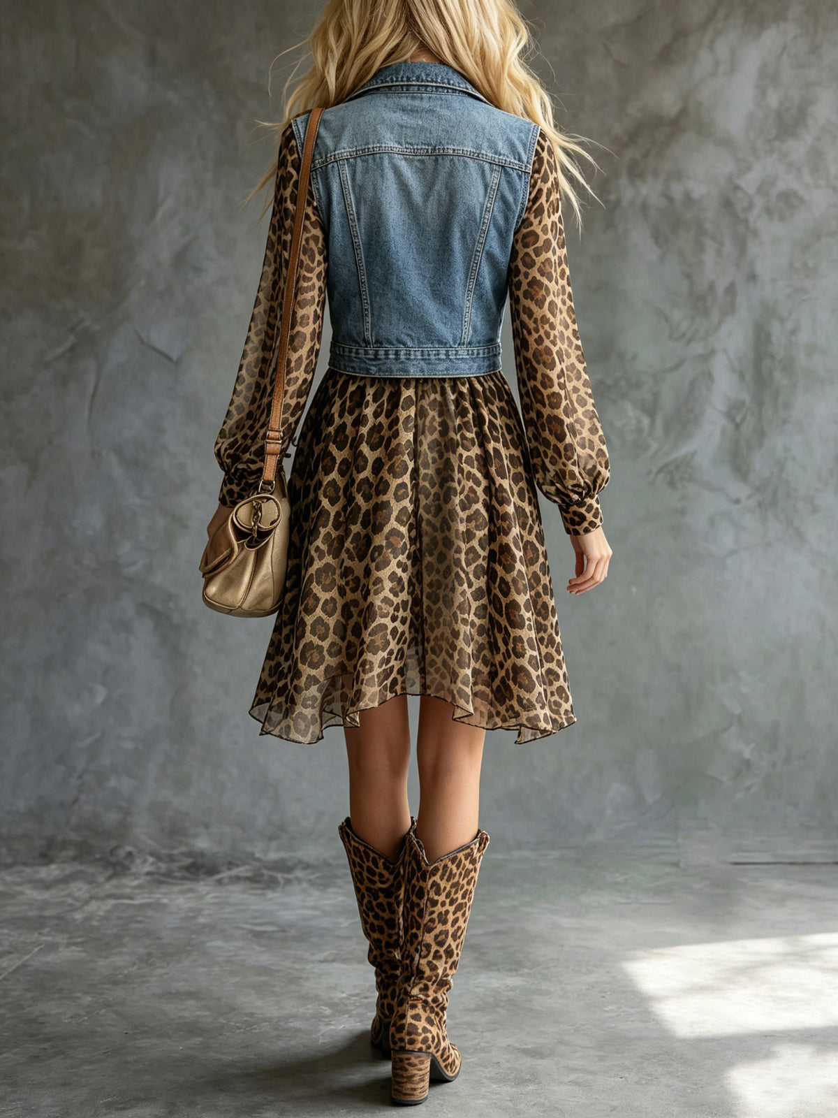 Denim And Leopard Print Patchwork Dress