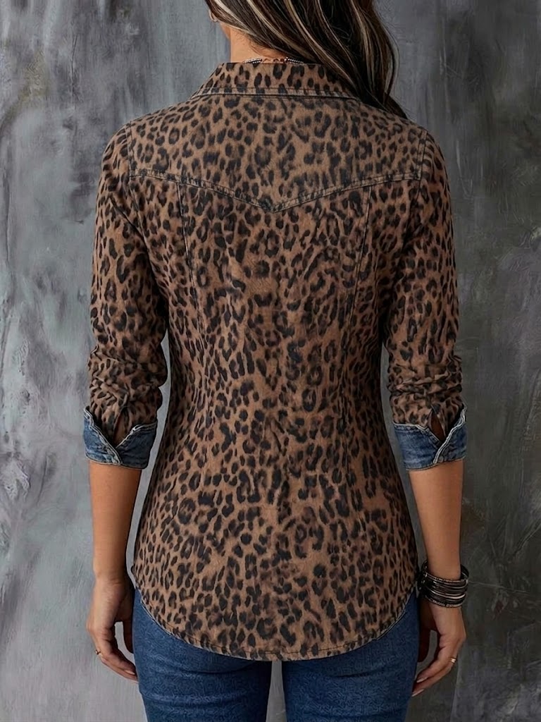 Stylish Casual Denim Zip-up Shirt With Leopard Print Panels