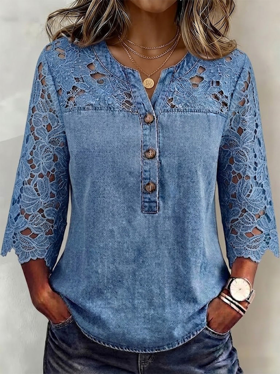 Wash Denim V-neck 3 Wooden Buttons Full Shoulder-sleeve Floral Cutwork Lace 7/8 Sleeve Loose Top
