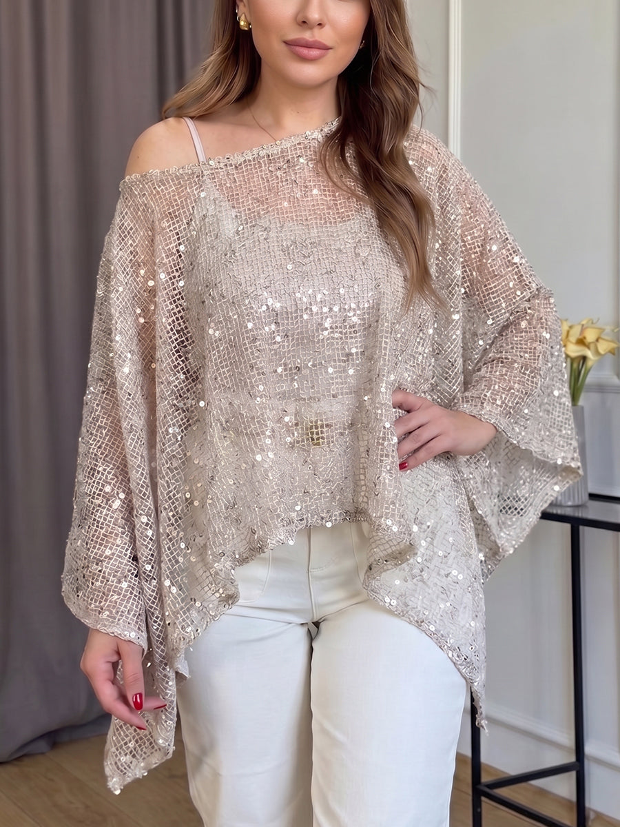 Women's Off-shoulder Irregular Hem Sequined Mesh Party Top