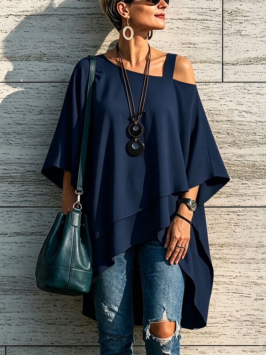 Asymmetrical Off-shoulder Top With A Single Spaghetti Strap, Irregular Hem, And Loose Fit
