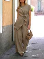 Cozy And Casual Linen-blend Pleated Top And Trousers Two-piece Set