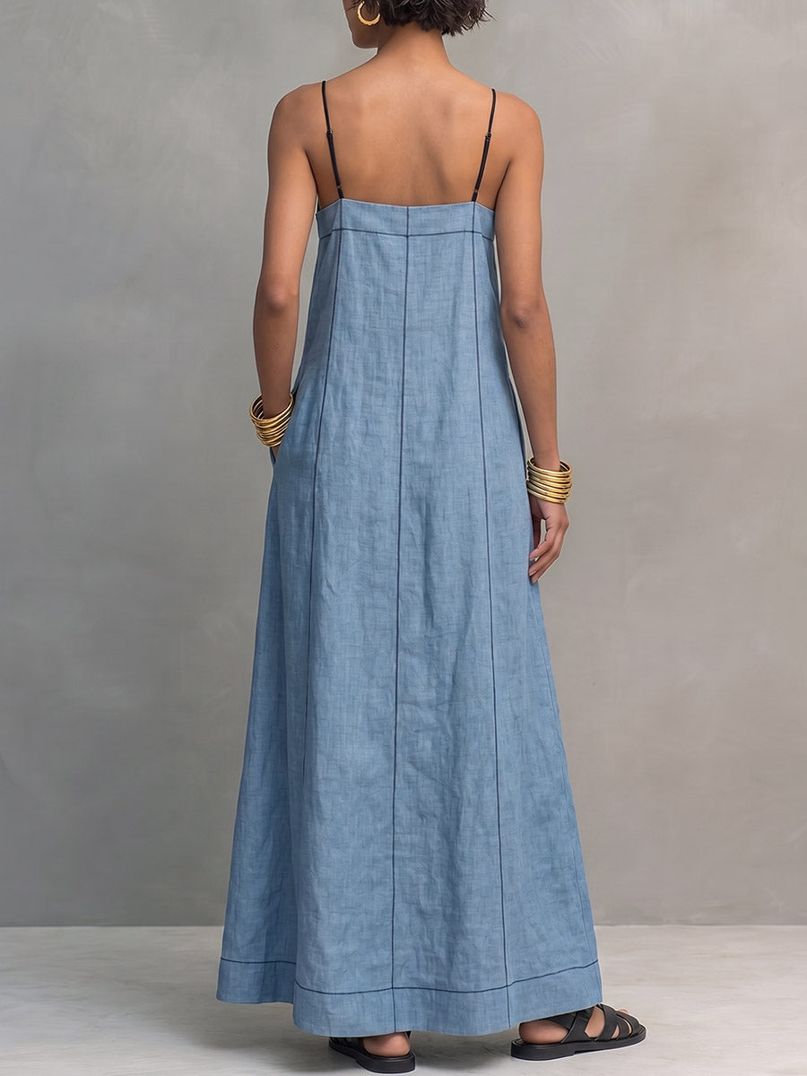 Women's Minimalist Strappy Cotton-linen A-line Dress With Tube Top Bodice