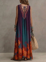 Bohemian Floral Print Sleeveless Linen And Cotton Maxi Dress