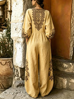 Women's Ethnic Art Casual Loose Pockets Cotton Linen Jumpsuit
