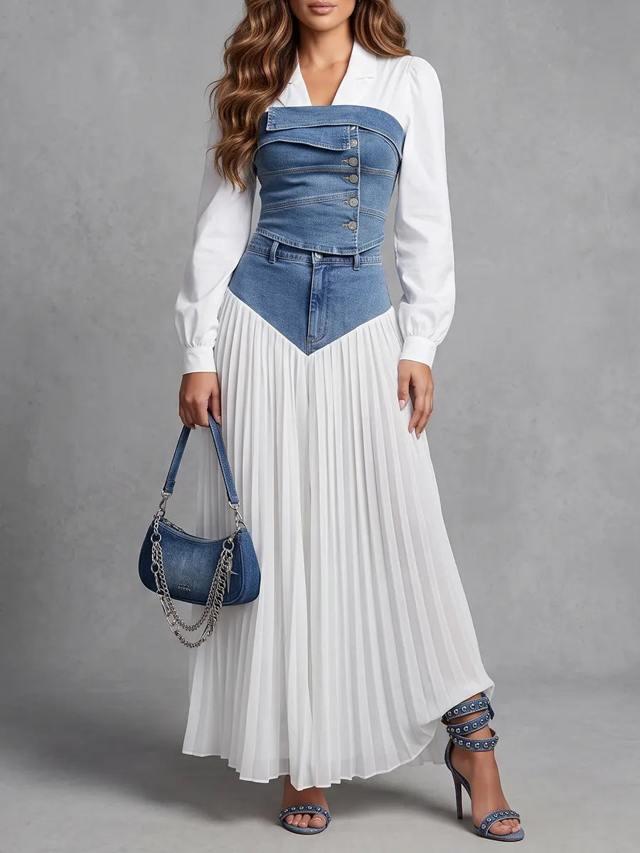 Modern Denim Corset & Flowing Pleated Skirt Set