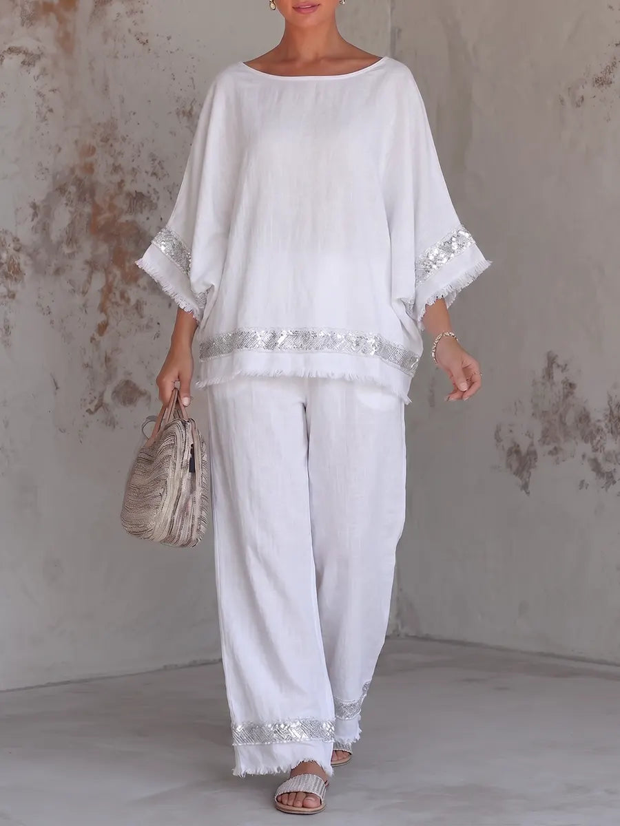 Shimmering Metallic Trim Linen Fringed Tunic & Wide-Leg Pants