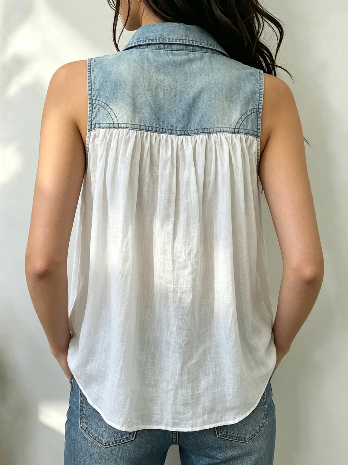 Women's Denim Patchwork Sleeveless Button-Down Top