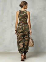 Two-piece Set Featuring A Casual Cotton-knit Camouflage Tank Top And Cotton Camouflage Cargo Pants.