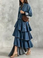 Women's Asymmetrical Ruffle Hem Art Casual Stylish Long Sleeve Maxi Denim Dress