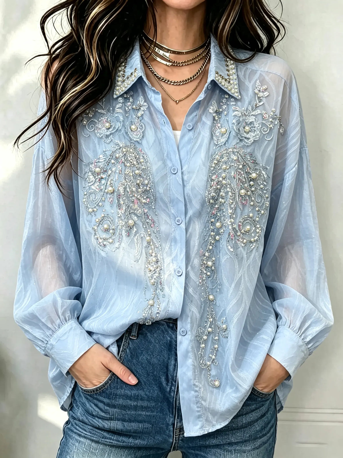 Women's Pearl Embellished Sheer Blouse