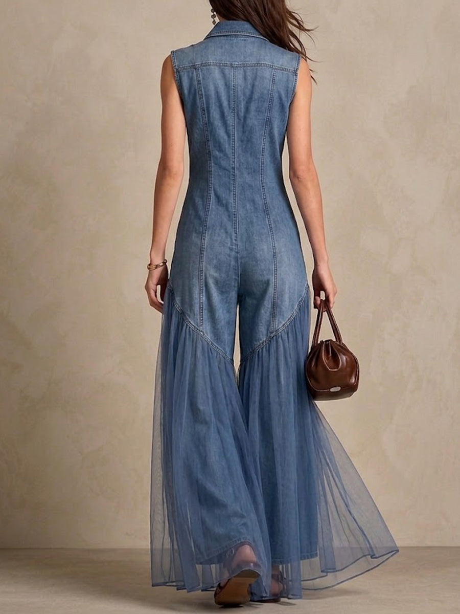 Casual Denim Jumpsuit With Chiffon-paneled Hems