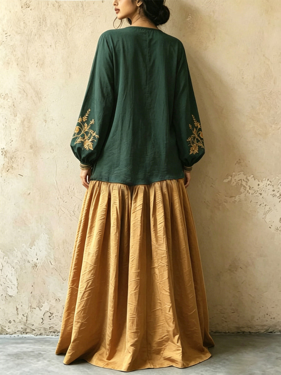 Women's Retro Ethnic Floral Art Casual Stylish V-collar Long Sleeve Cotton Linen Maxi Dress