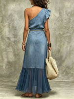 Women's One-Shoulder Denim Chiffon Pleated Maxi Dress